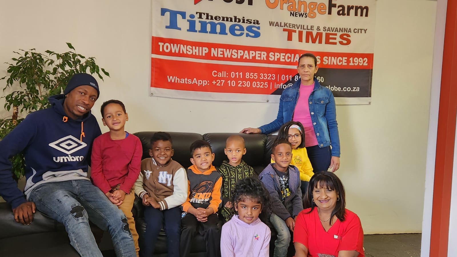 Beautiful Minds learners Lian Lapan, Kyan Brown, Jeondre David, Boikanyo Mogorosi, Tayden Moses, Jyara Ramsunder, Lianna Rooplal and principal Basheny Garach flanked by GLOBE POST’s Ottis Manyoba and Dawn Adams at our offices on Starling Street, Lenasia South, Ext 1