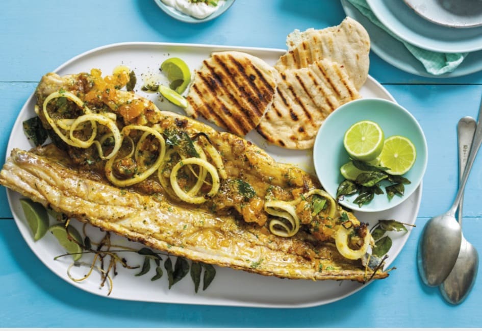 Curried braai snoek with apricot stuffing