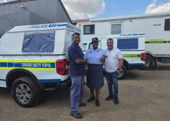 Lenasia South SAPS Station Commander, Col Priscilla Xaba, W/O Josiah Narayanan - SAPS fleet mananger and CPF's Ridwaan Minty (Image: SAPS)