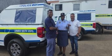 Lenasia South SAPS Station Commander, Col Priscilla Xaba, W/O Josiah Narayanan - SAPS fleet mananger and CPF's Ridwaan Minty (Image: SAPS)